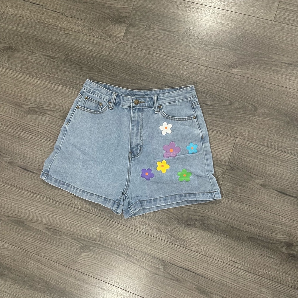 SHEIN Light Blue Jean Shorts with Colorful Floral Accents